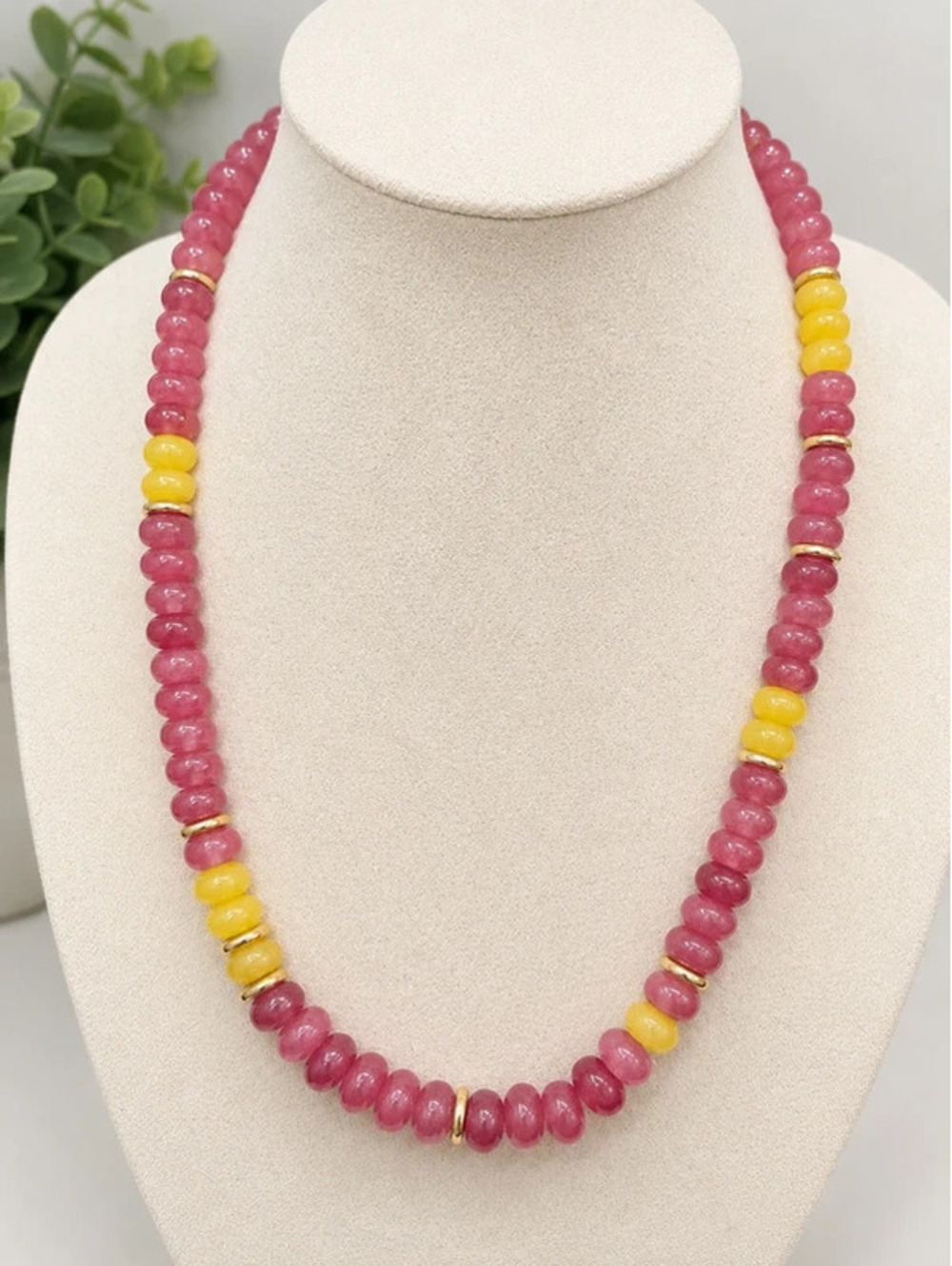 Pink and Yellow Beaded Necklace with Gold Tone Toggle Clasp Statement Jewelry